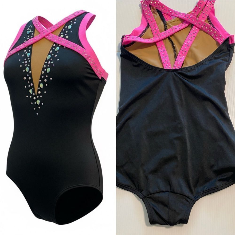 The Line up dance costume black hot pink strappy leotard rhinestone SA adult